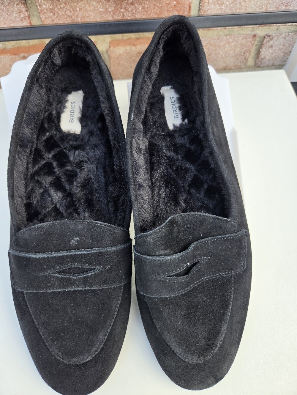 Birdies Black Suede Faux Fur Loafers 9.5 Cozy Dark Academia Preppy Slip On